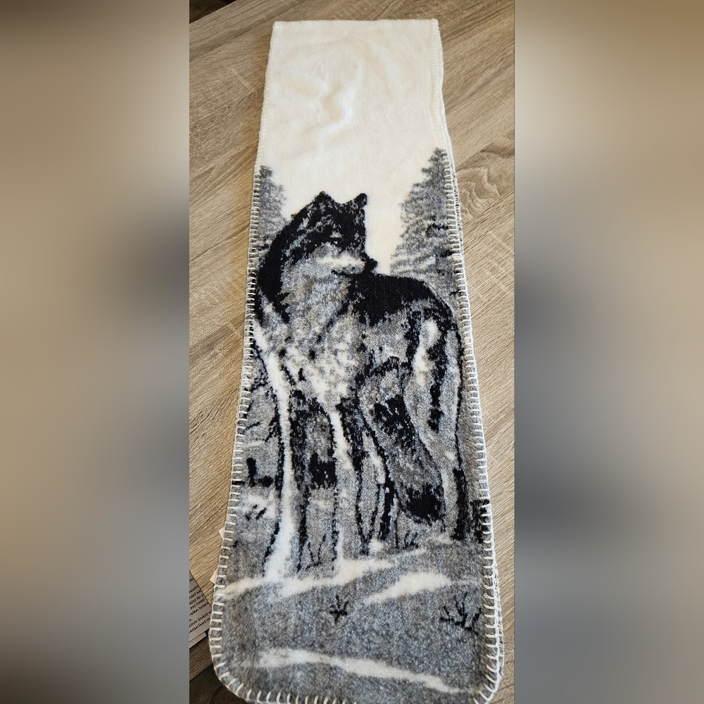 Plush wolf scarf by Glacier Outdoors.  Black, grey, and white.  62 inches long.